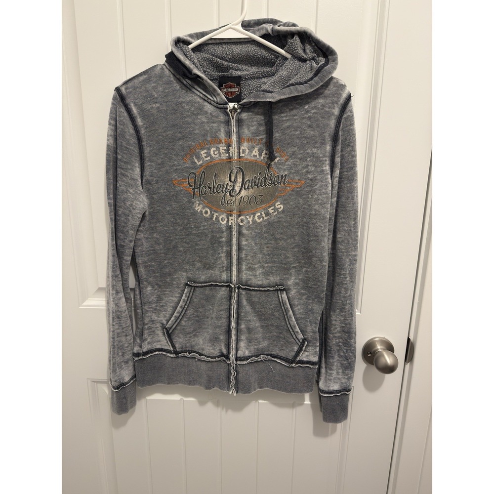 Harley-Davidson Women Blue Acid Wash Zip Up Hoodie Duluth MN Graphic Small